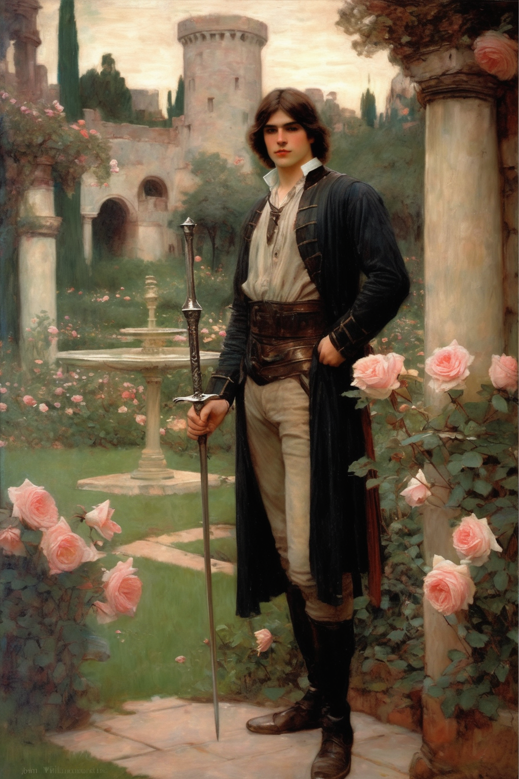 00454-4289838998-John William Waterhouse Style - #294448 A romantic oil painting by John William Waterhouse depicting a lush garden filled with b.png